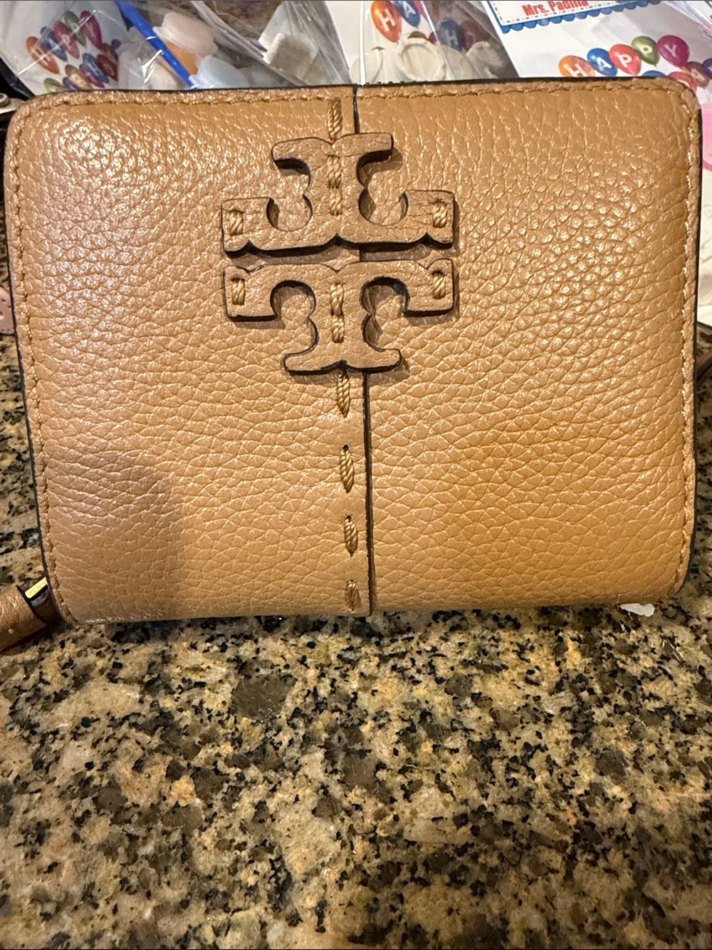 Tory Burch Pebbled Camel Leather Zip Wallet